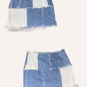 Patchwork Denim Skirt - blue and White